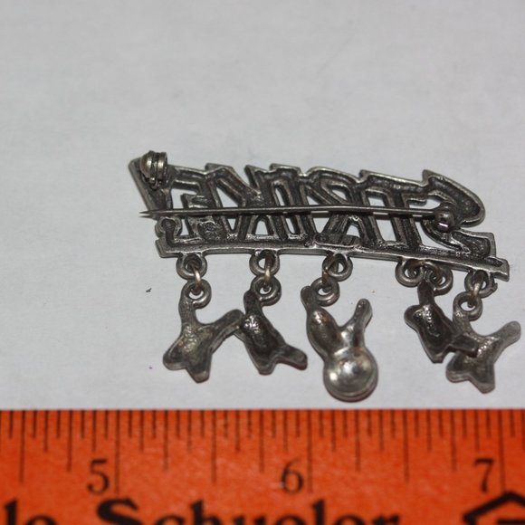 JJ Jonette STRIKE Pewter Bowling Pin Brooch Pin Dangle - Picture 2 of 2